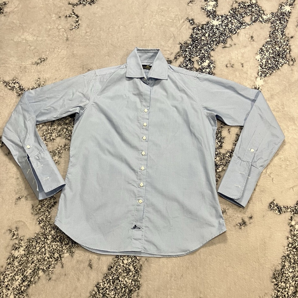 Holland & Sherry Bespoke‎ Dress Large Shirt Blue Check Barrel Cuff Savile Row